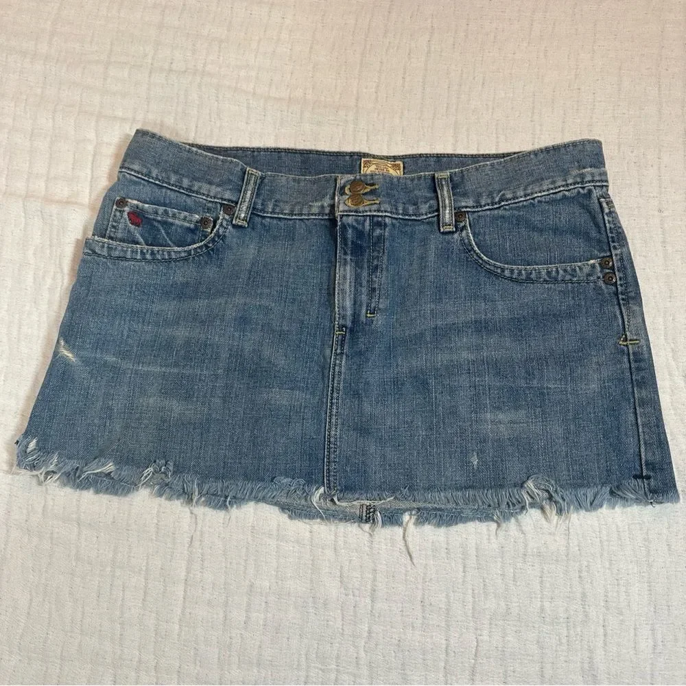 Vintage 90s Abercrombie & Fitch Denim Mini Skirt Dark Wash Raw Hem Sz 10 Y2K